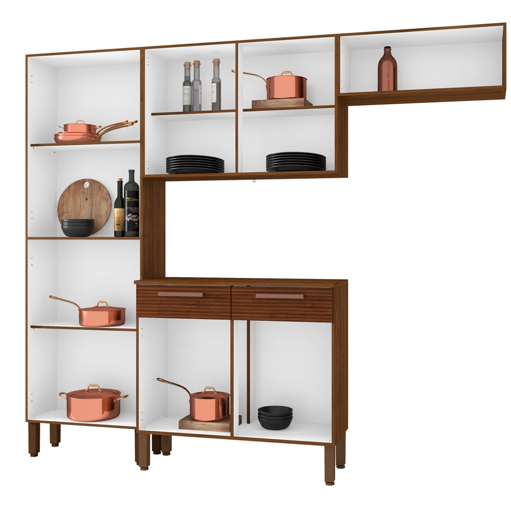 Cozinha Modulada 4 Peças 222cm 2936 Nogueira Off White Ripado KTP