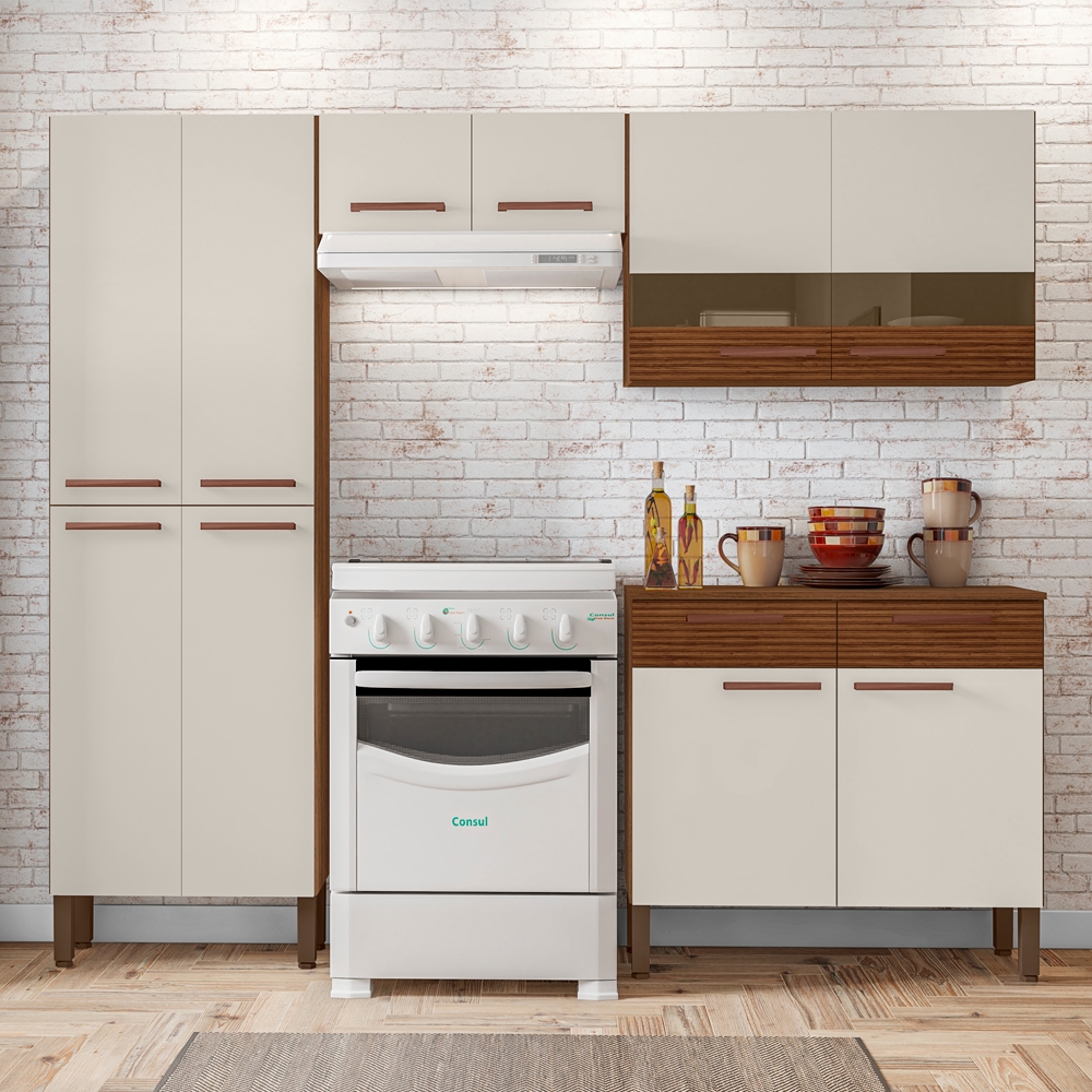 Cozinha Modulada 4 Peças 222cm 2936 Nogueira Off White Ripado KTP