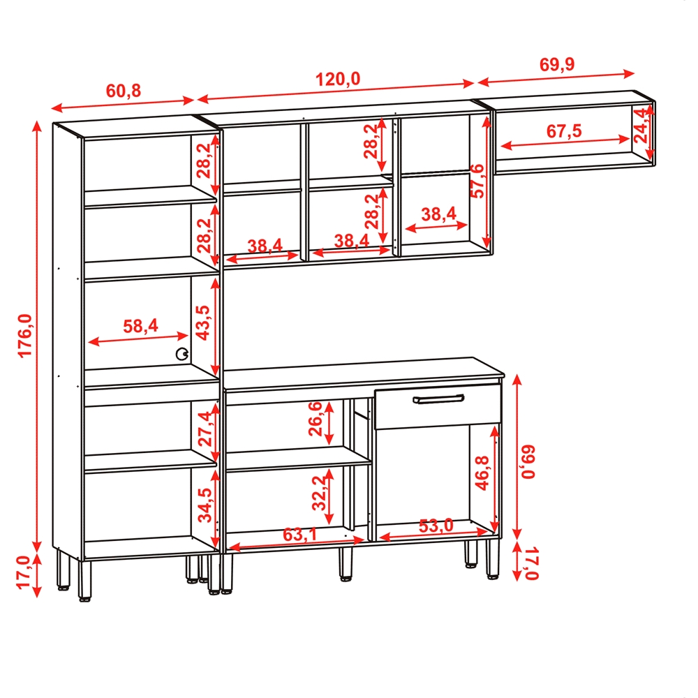 Cozinha Modulada 4 Peças 250cm 2918 Freijo Gris KTP