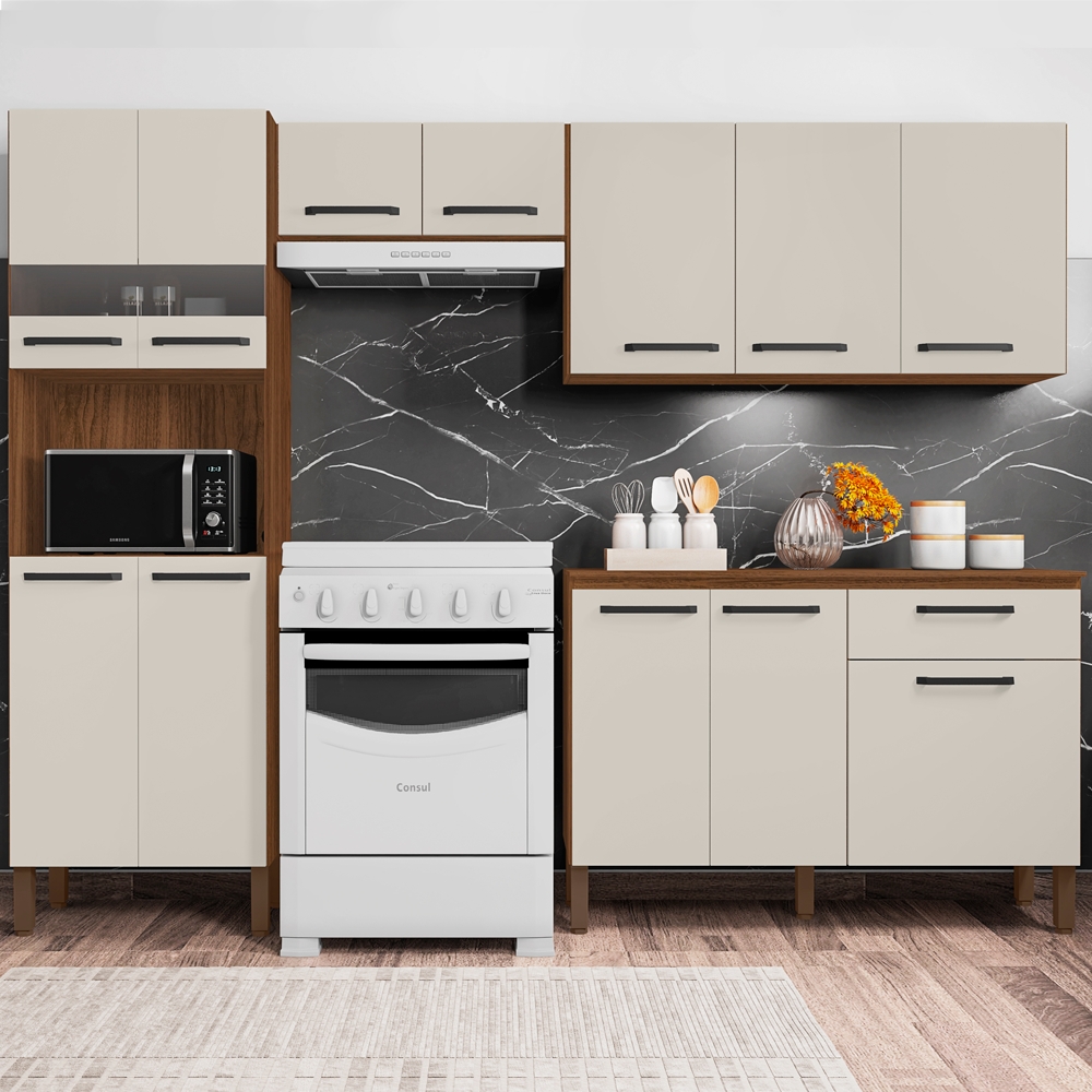 Cozinha Modulada 4 Peças 250cm 2918 Nogueira Off White KTP