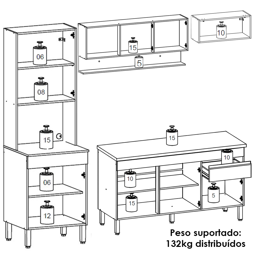 Cozinha Modulada 4 Pecas Com Balcao Tampo Line Gris Cp Freijo KTP