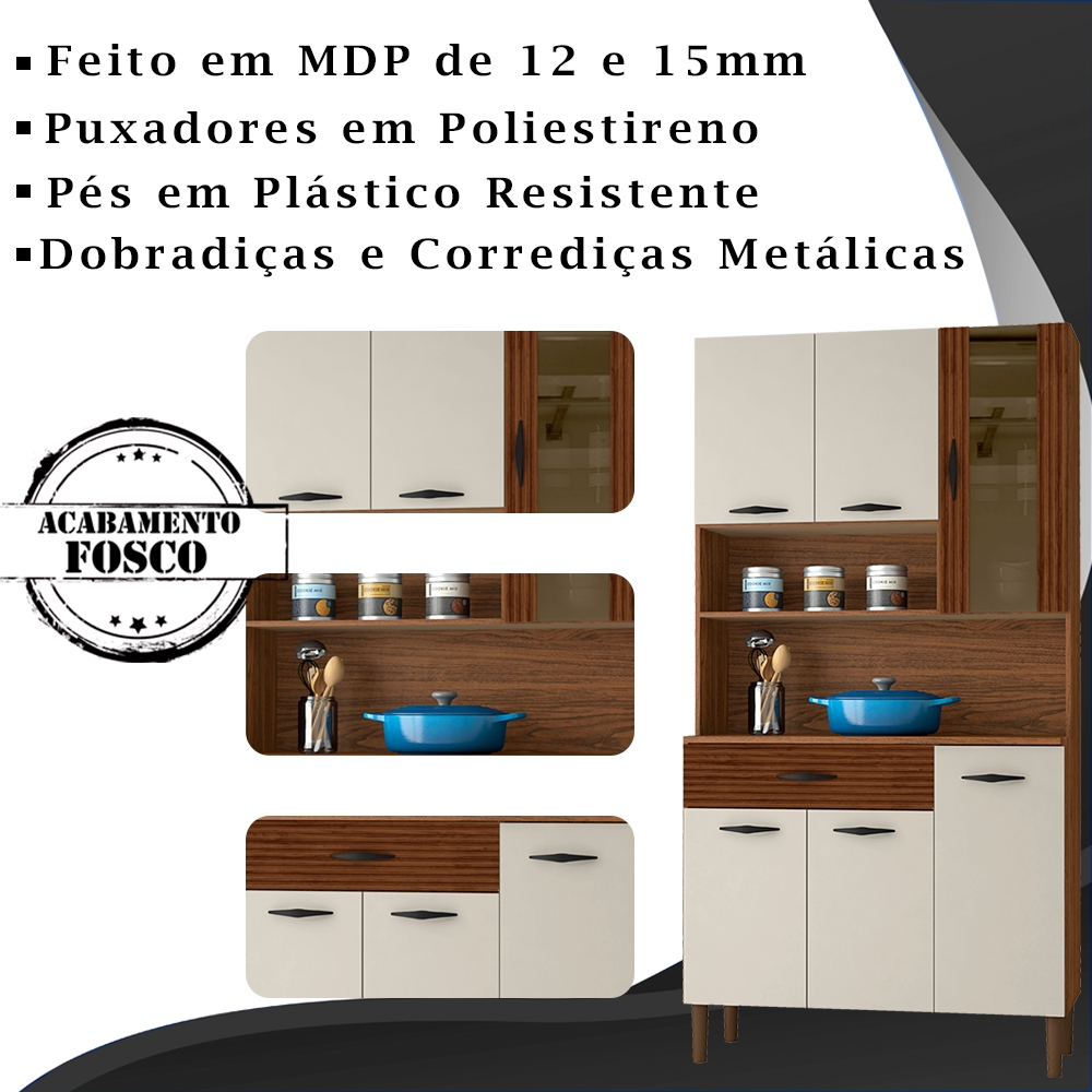 Kit Armario Cozinha 6 Portas 196GD Nogueira Off White Ripado KTP