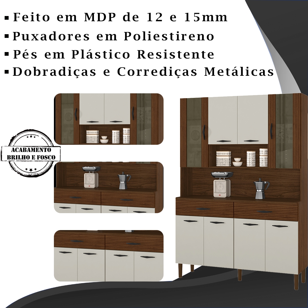 Kit Armario Cozinha 8 Portas 197GD Nogueira Off White Ripado KTP
