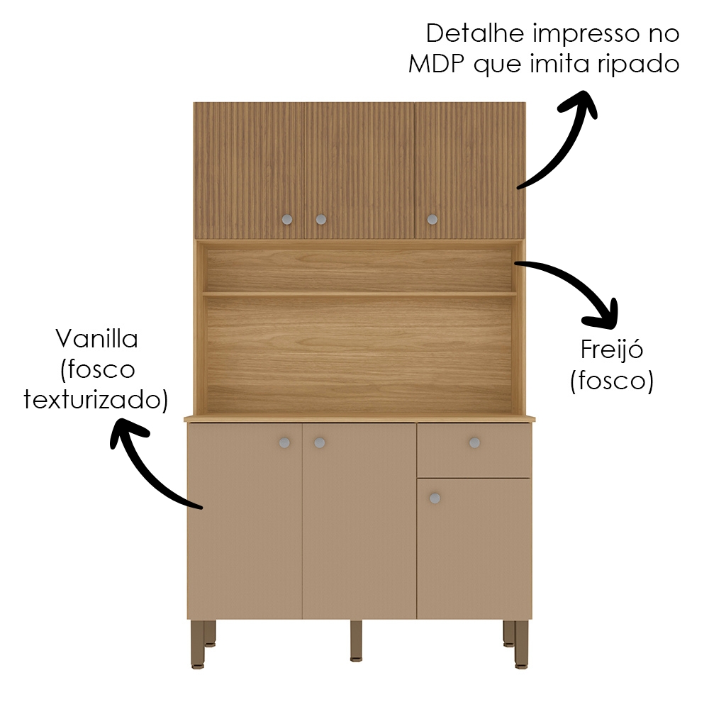 Kit Cozinha 6P 1G 111 cm Style Freijo Vanilla Cp Ripado Freijo KTP