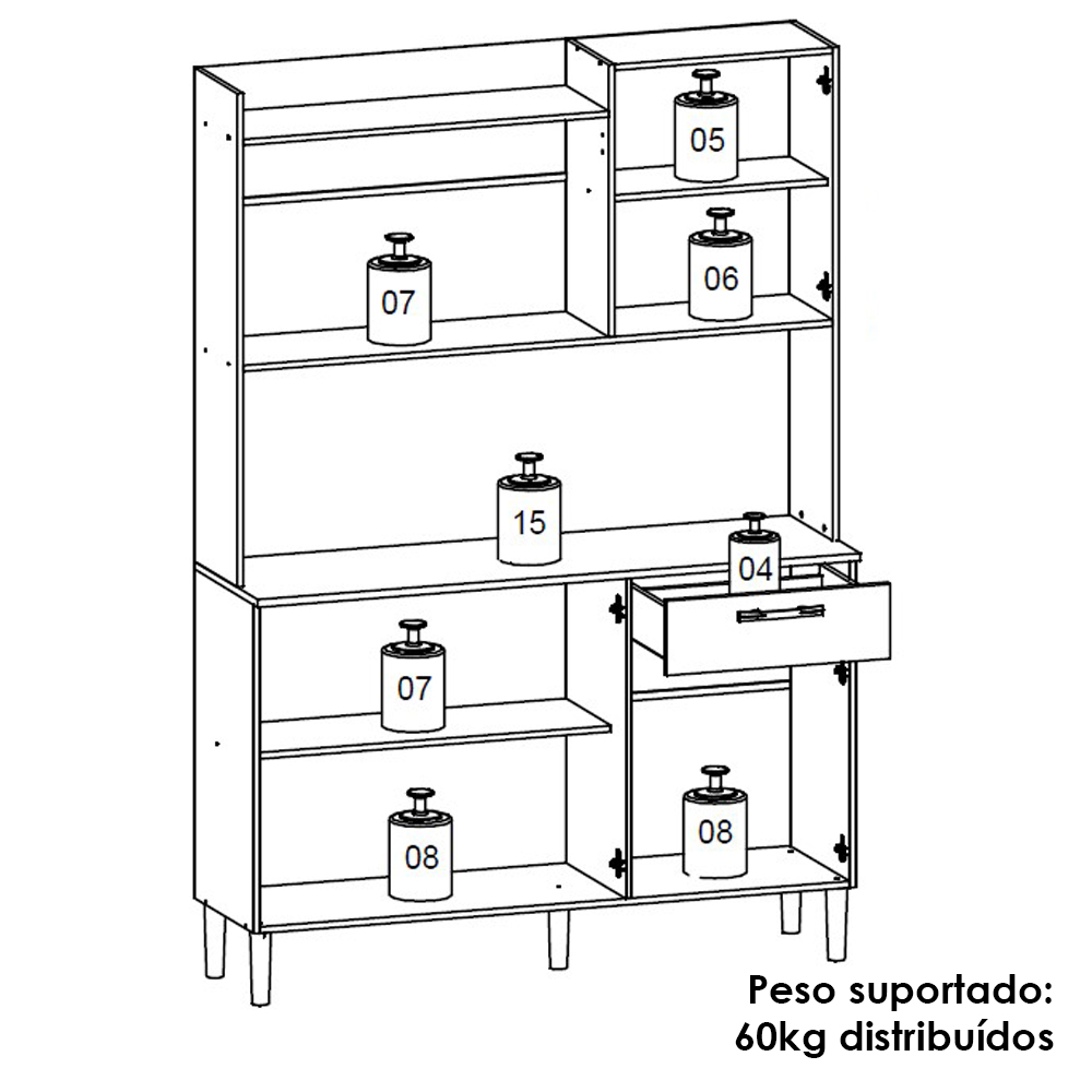 Kit Cozinha 6P 1G 122 cm Genova Nogueira Off White Cp Ripado KTP