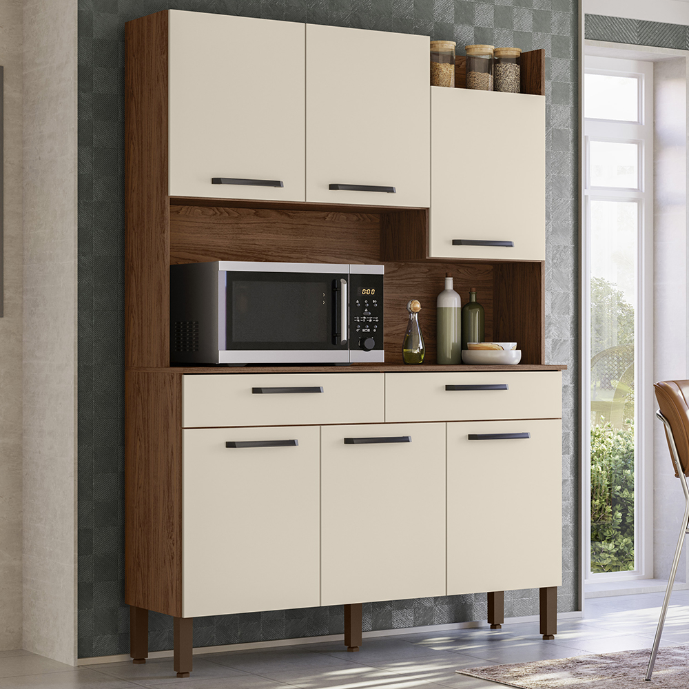 Kit Cozinha 6P 2G 132 cm Modena Nogueira Off White KTP