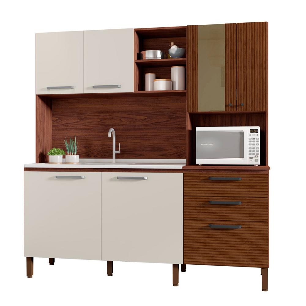 Kit Cozinha 7 Portas e 2 Gavetas Nogueira Off White Cp Ripado Mega Kits Paraná