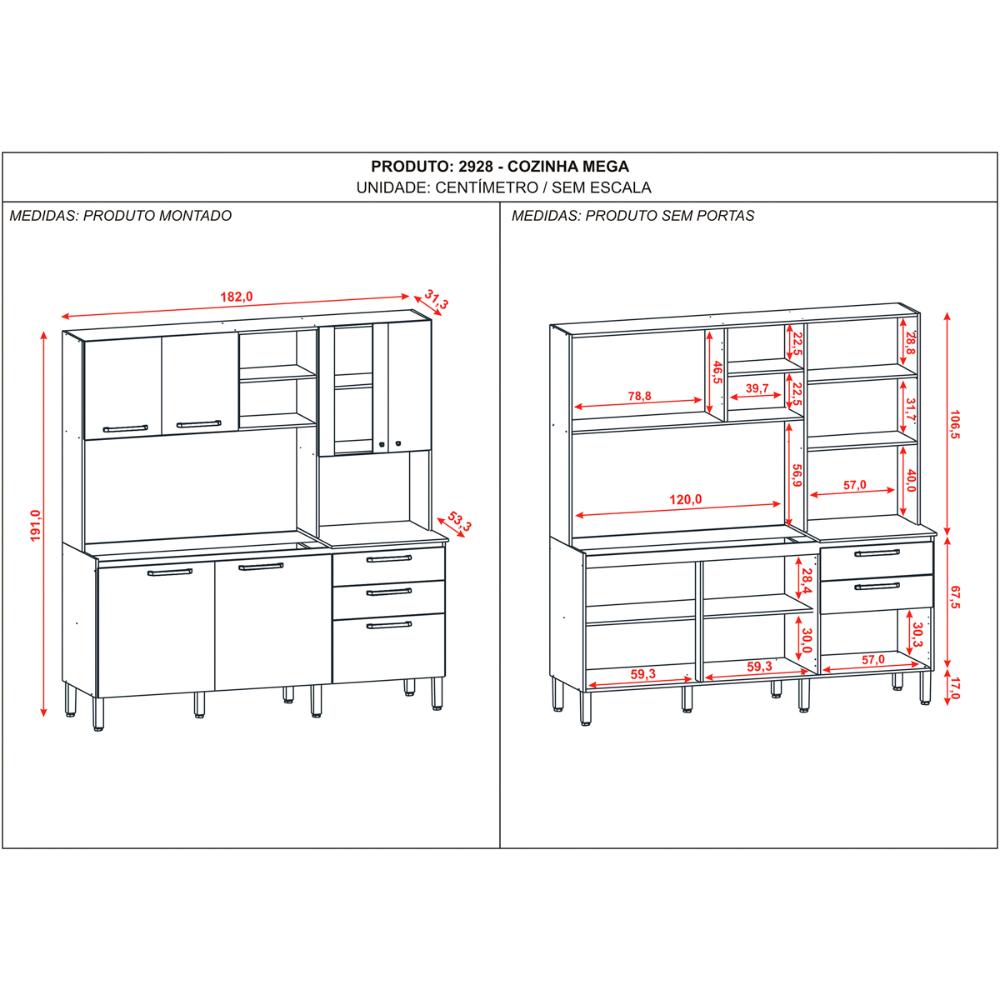 Kit Cozinha 7 Portas e 2 Gavetas Nogueira Off White Cp Ripado Mega Kits Paraná