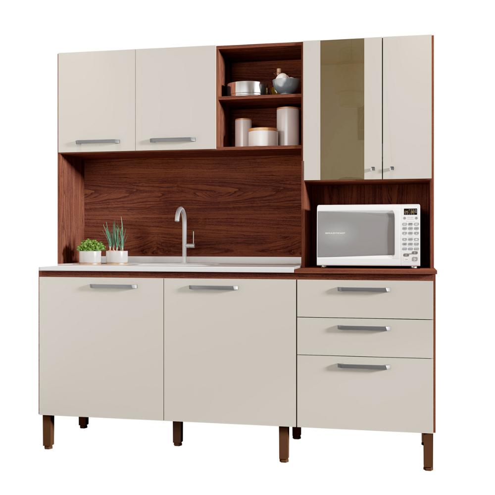 Kit Cozinha 7 Portas e 2 Gavetas Nogueira Off White Mega Kits Paraná