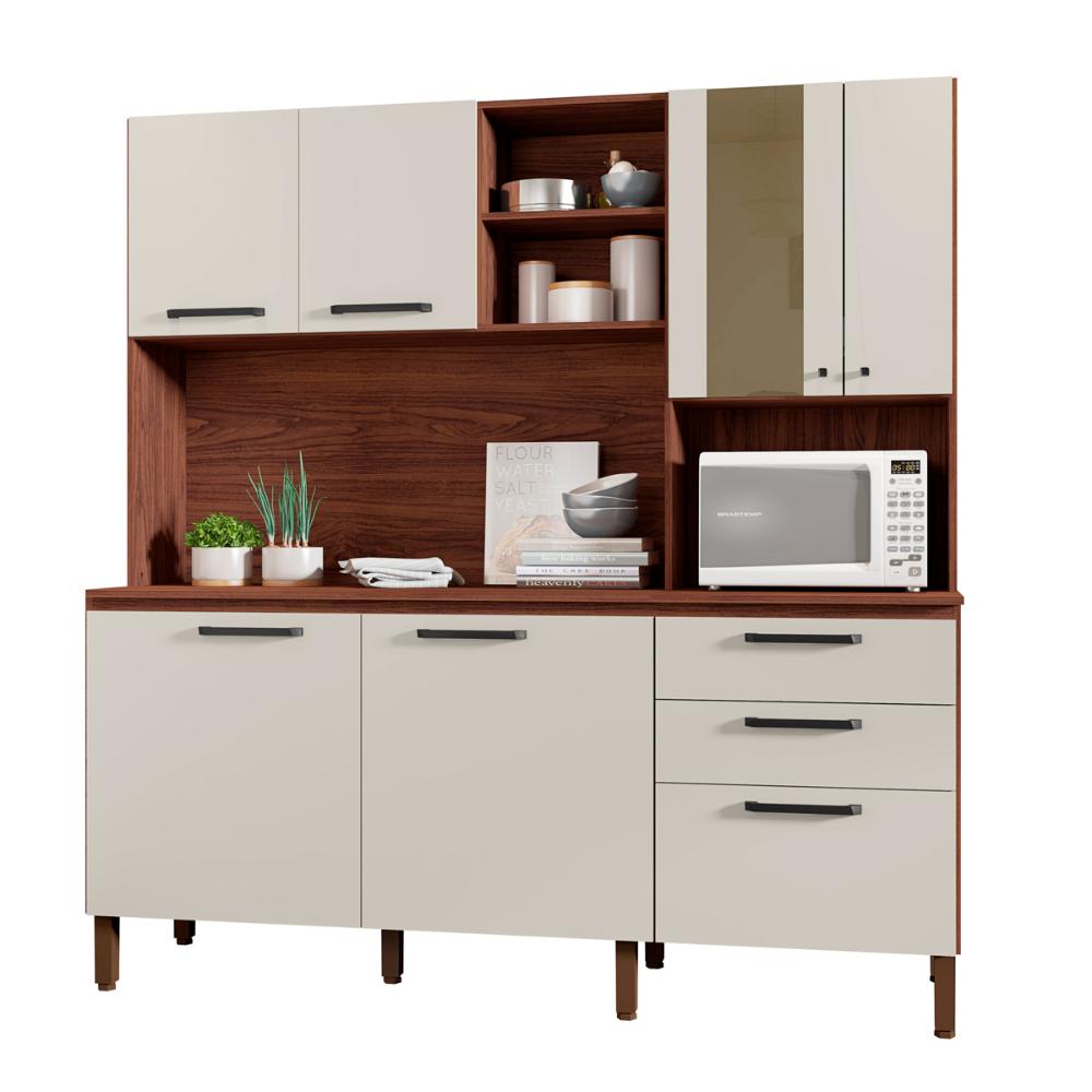 Kit Cozinha 7 Portas e 2 Gavetas com Tampo Nogueira Off White Mega Kits Paraná