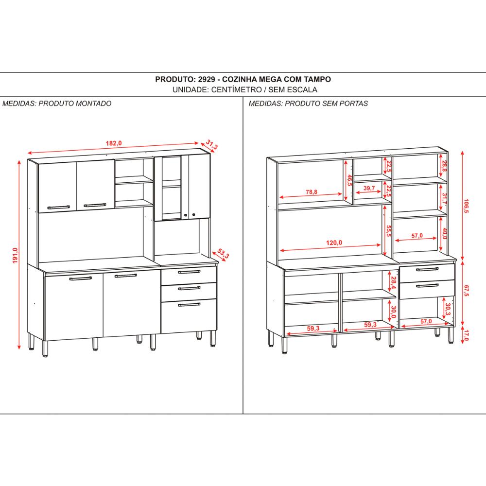 Kit Cozinha 7 Portas e 2 Gavetas com Tampo Nogueira Off White Mega Kits Paraná