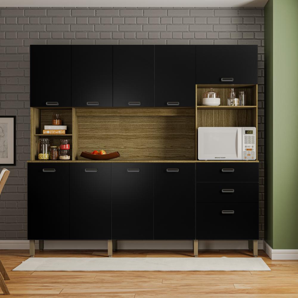 Kit de Cozinha com 9 Portas e 2 Gaveta Budapeste Freijó Nero