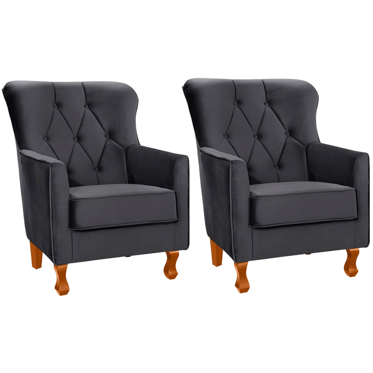 Kit 2 Poltronas para Sala Decorativas c/ Capitonê Carrara Veludo Cinza