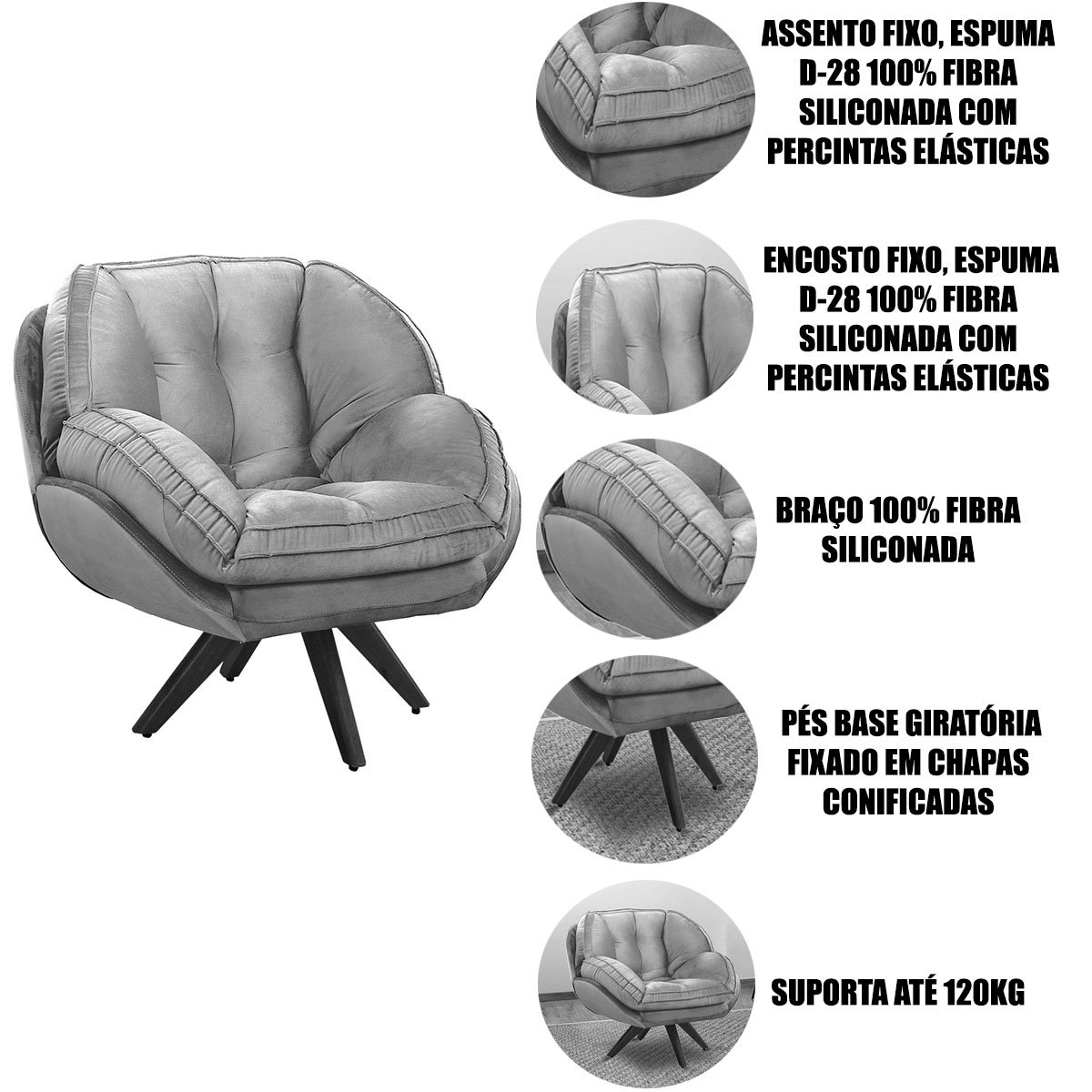 Kit 2 Poltronas para Sala e Escritório Base Giratória Vitória Veludo Cinza