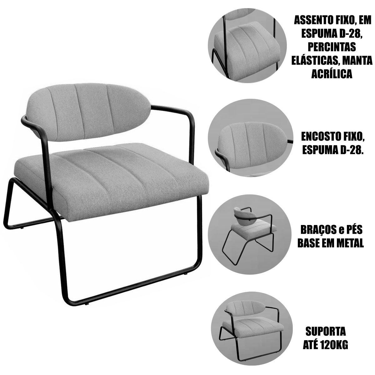 Kit 2 Poltronas para Sala e Escritório Base de Ferro Tavla Linho Cinza