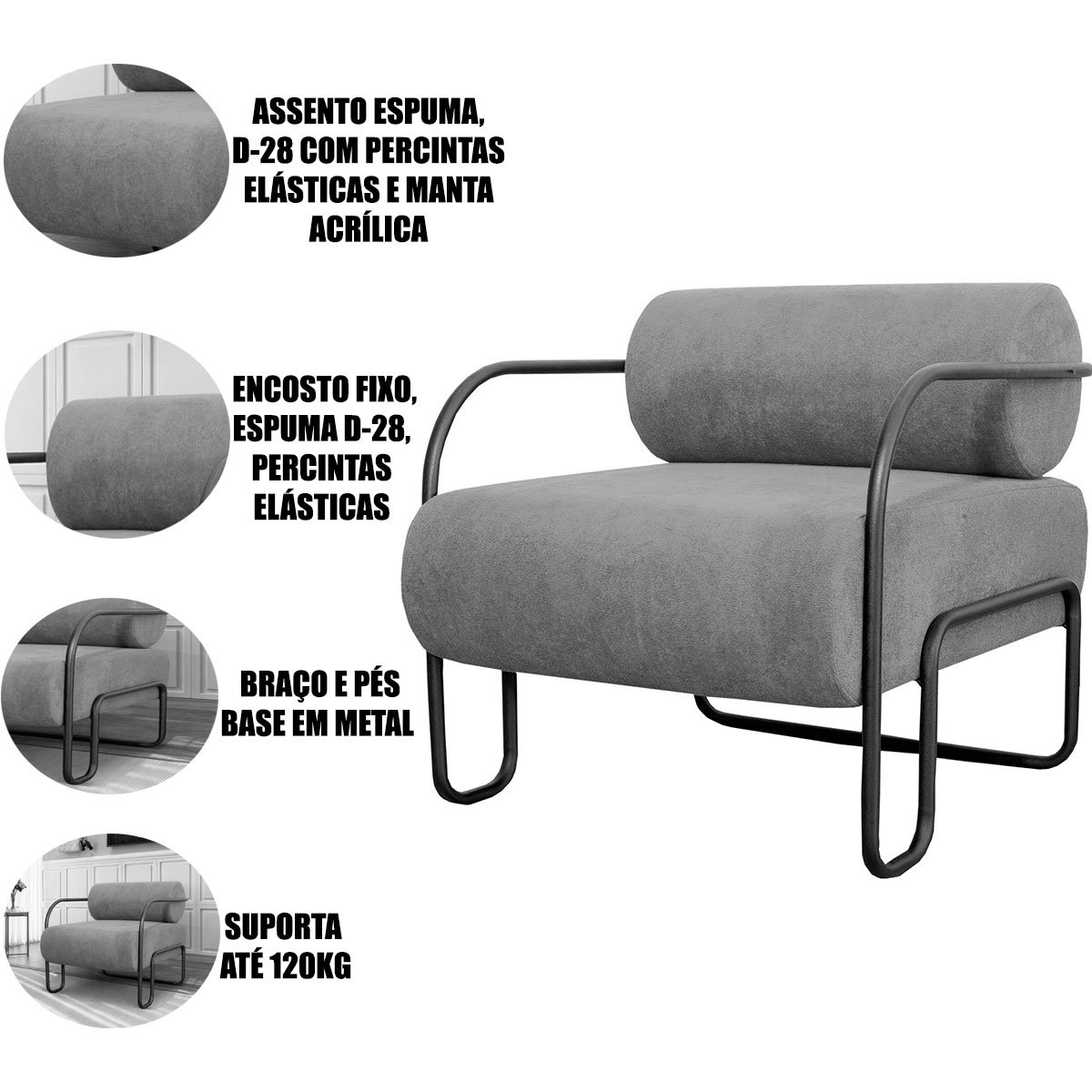 Kit 2 Poltronas para Sala e Escritório Base de Metal Mansk Linho Bege