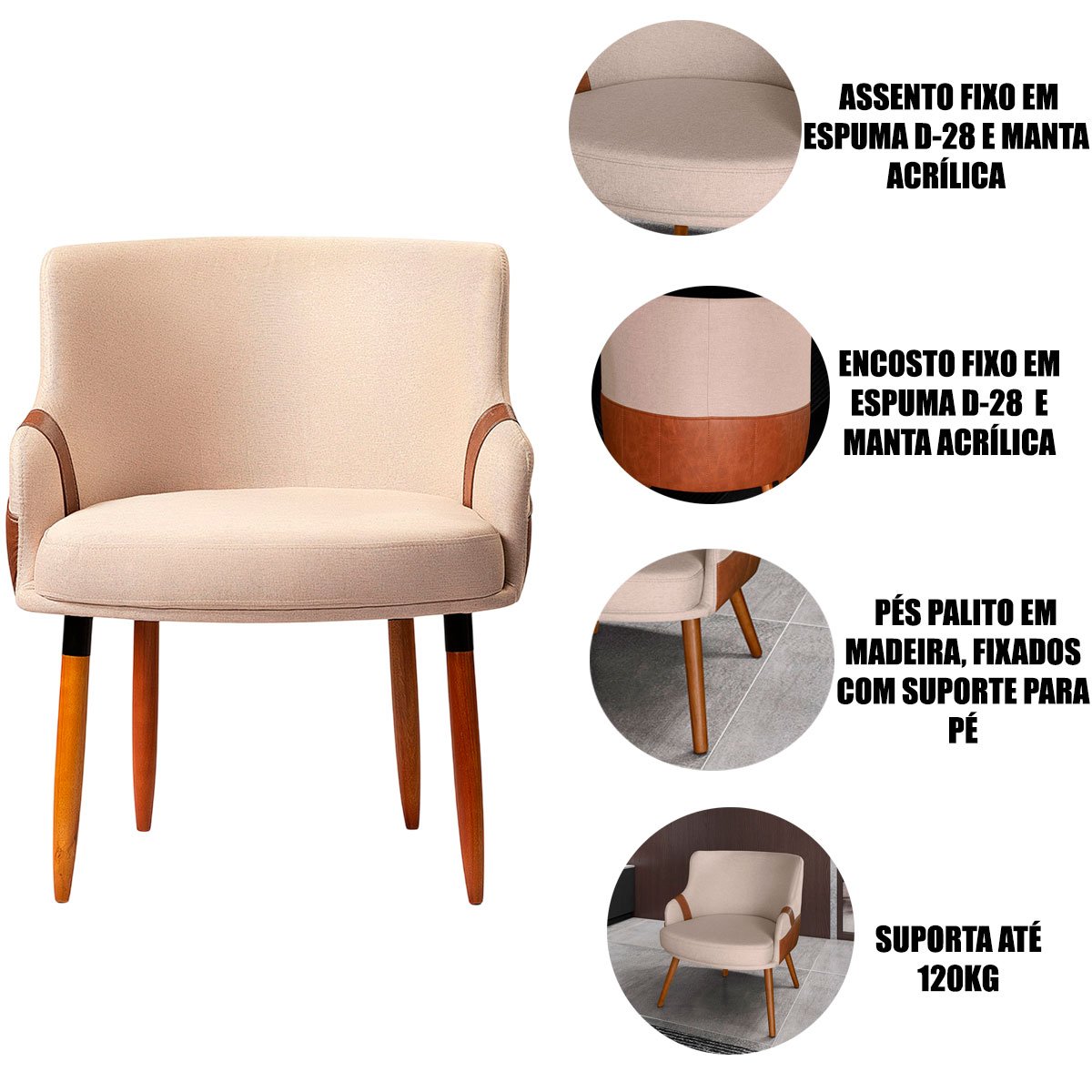 Kit 2 Poltronas para Sala e Escritório Decorativas Cássia Corino Marrom/Linho Bege