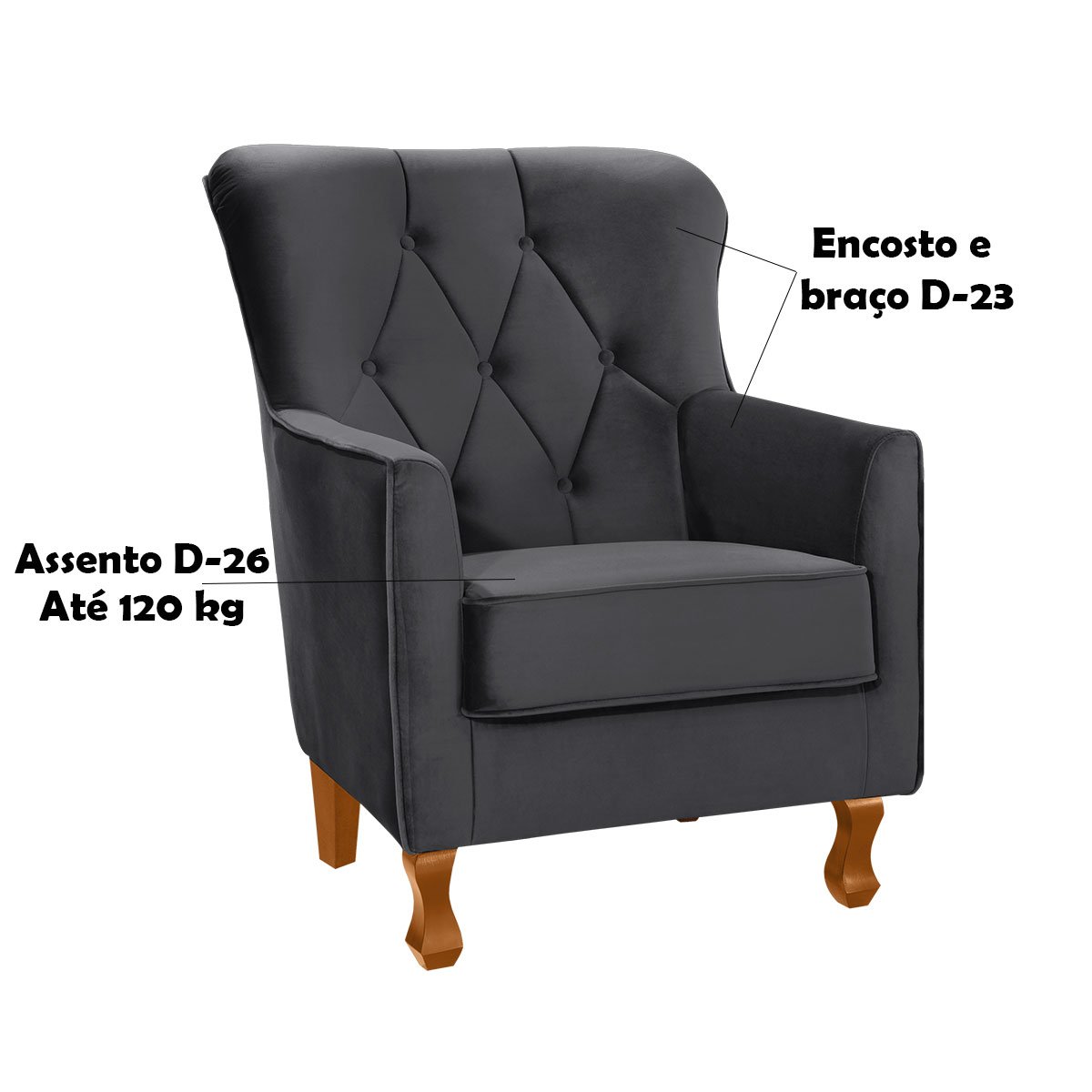 Poltrona Decorativa Carrara c/ Capitonê Veludo Cinza