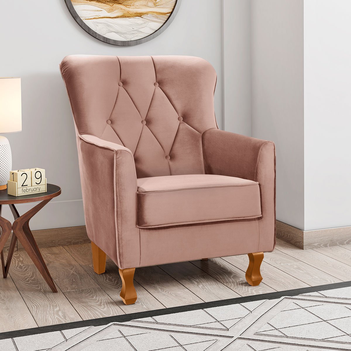 Poltrona Decorativa Carrara c/ Capitonê Veludo Rosê