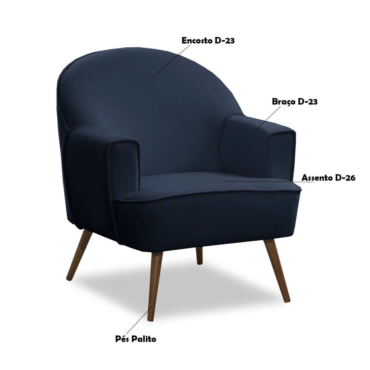 Poltrona Decorativa Pérola Pés Palito Veludo Azul Marinho