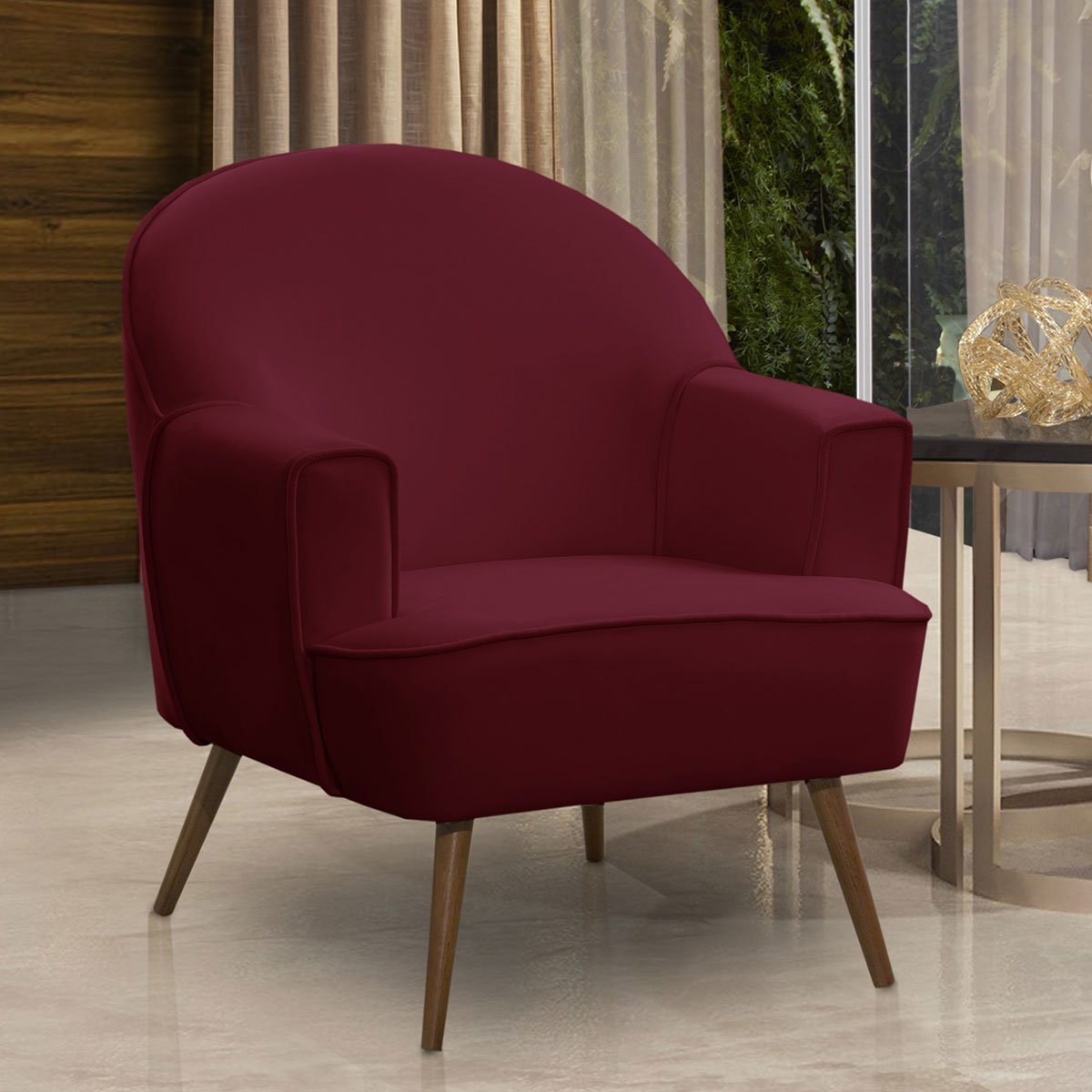 Poltrona Decorativa Pérola Pés Palito Veludo Bordô