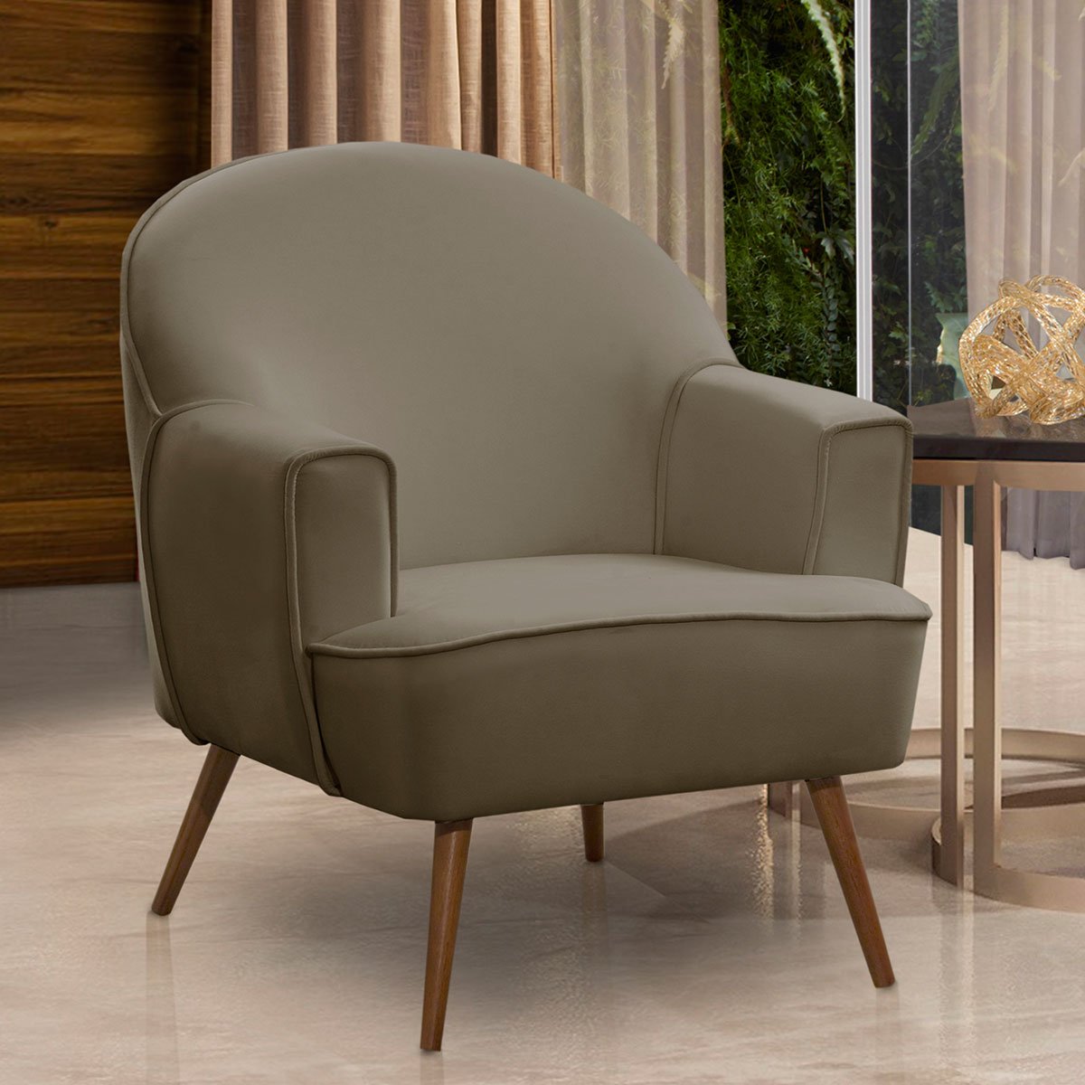 Poltrona Decorativa Pérola Pés Palito Veludo Castor