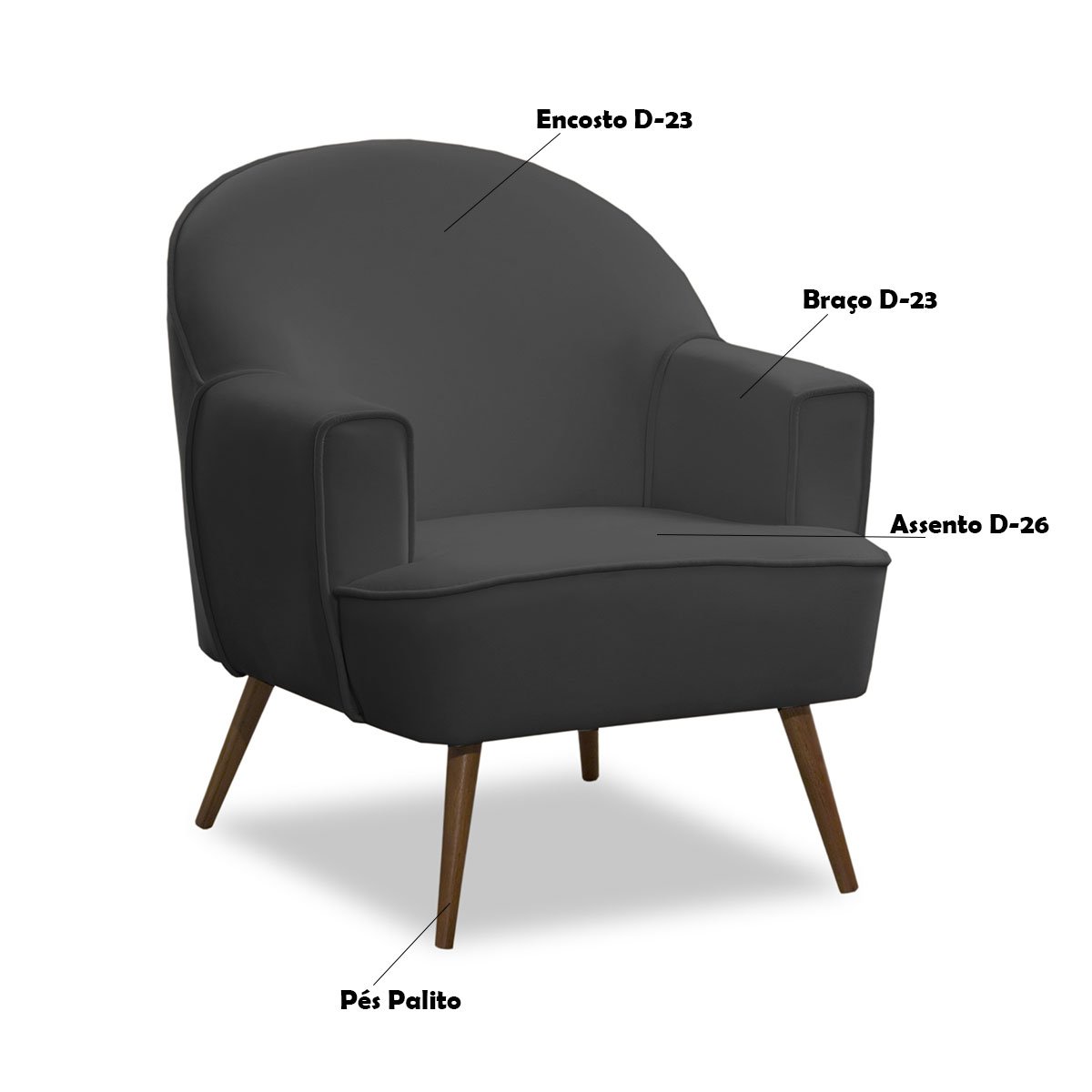 Poltrona Decorativa Pérola Pés Palito Veludo Cinza