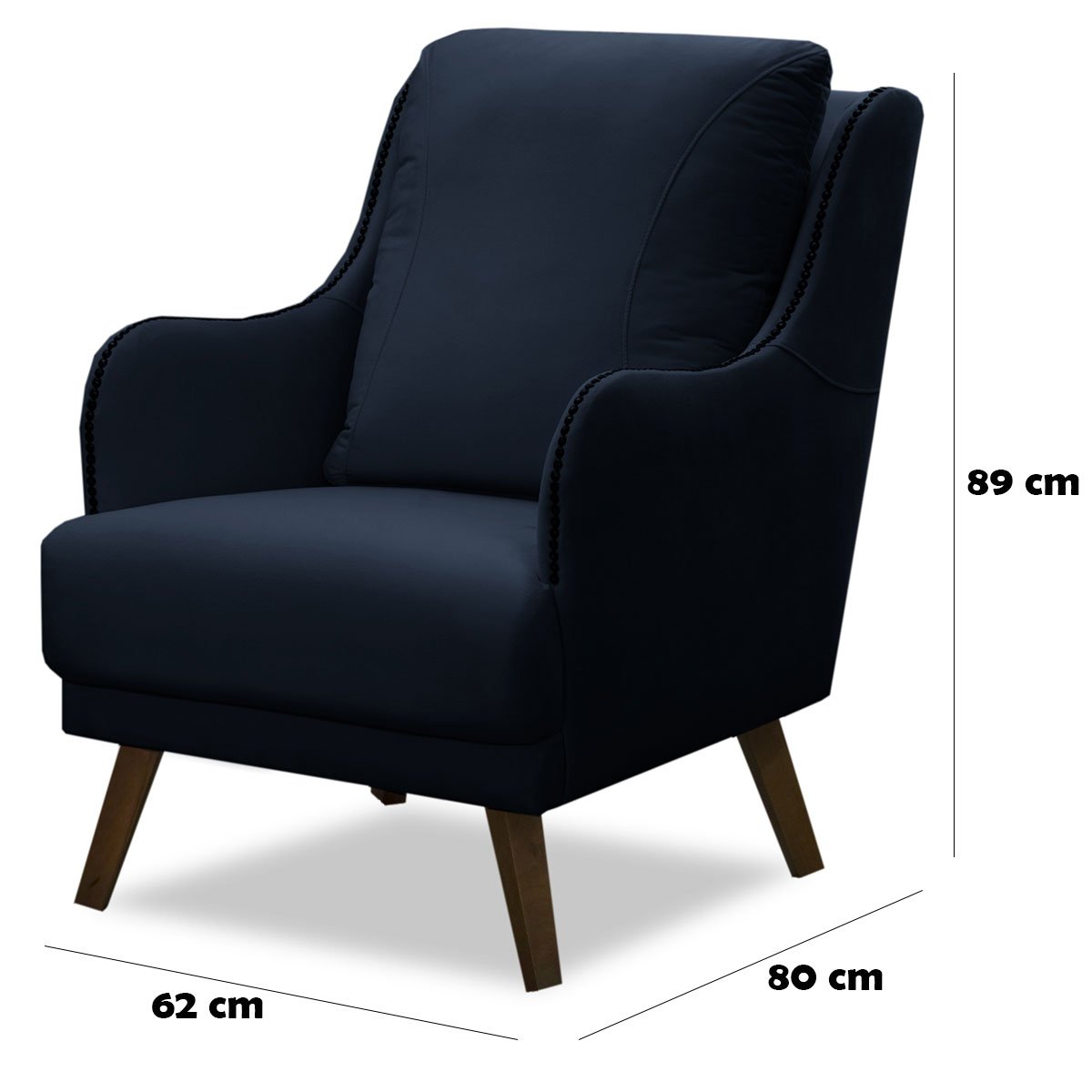 Poltrona para Sala Decorativa c/ Tachas Sarah Veludo Azul Marinho