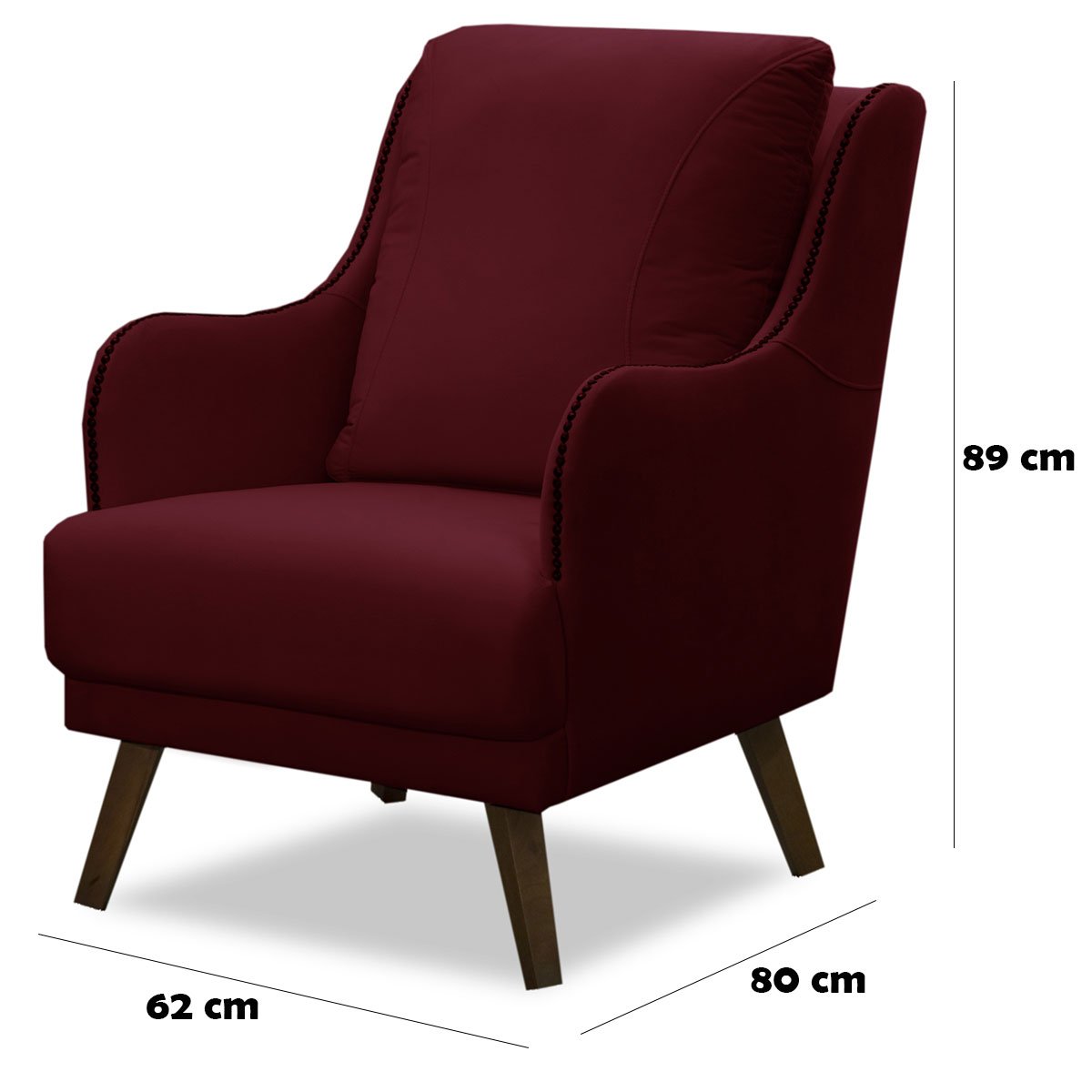Poltrona para Sala Decorativa c/ Tachas Sarah Veludo Bordô