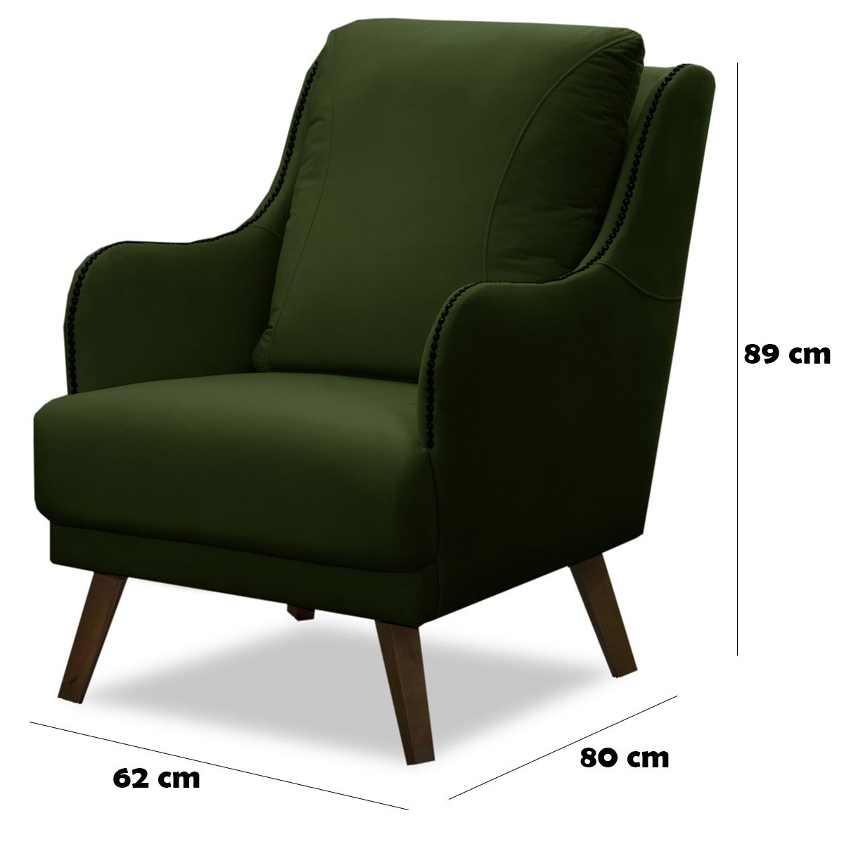 Poltrona para Sala Decorativa c/ Tachas Sarah Veludo Verde