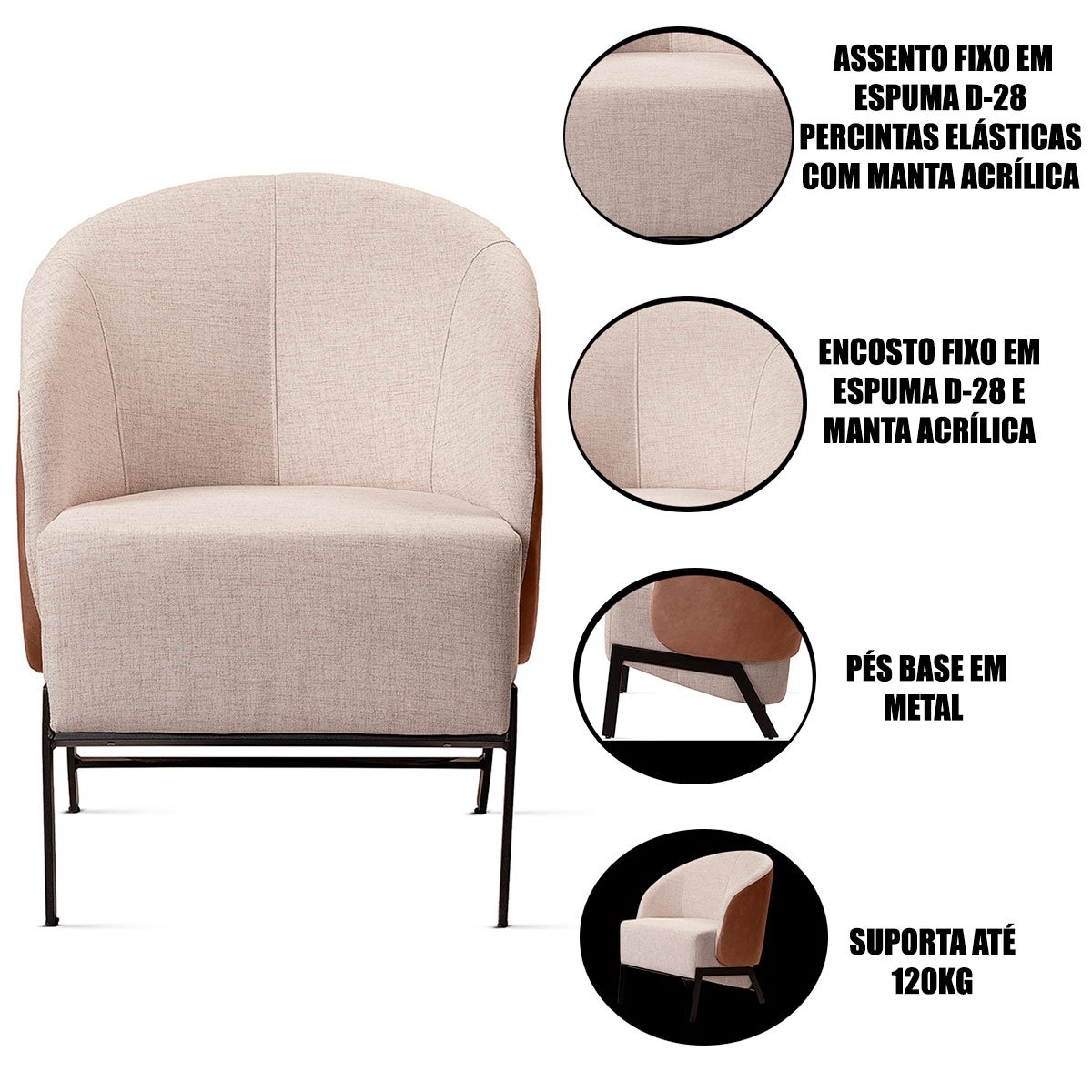 Poltrona para Sala e Escritório Base de Metal Nagibe Corino Marrom/Linho Bege