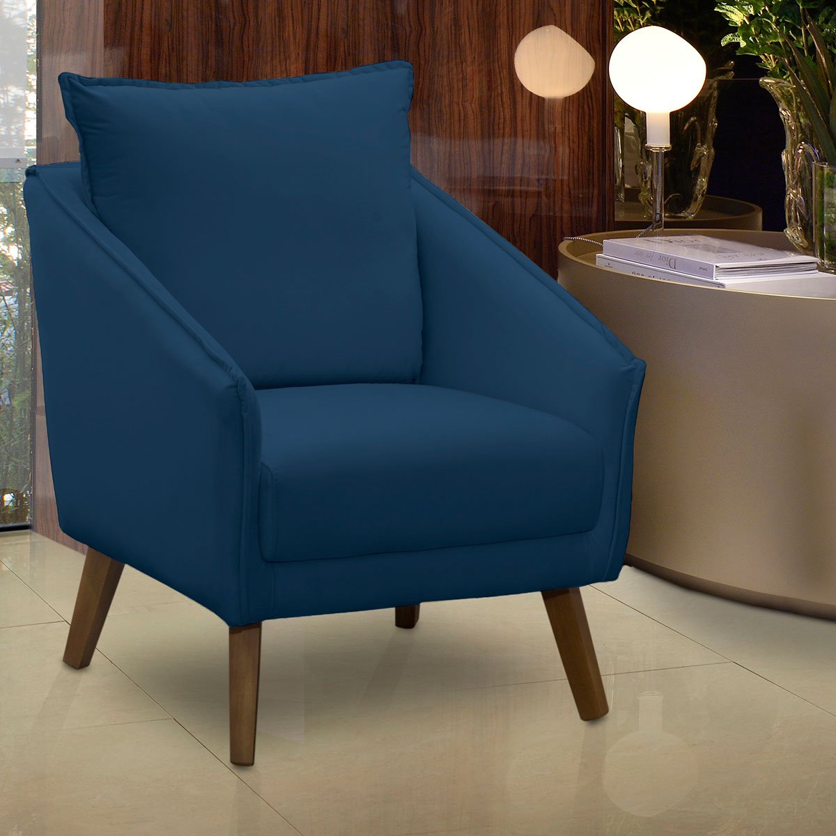 Poltrona para Sala e Escritório Decorativa Ellen Veludo Azul Marinho