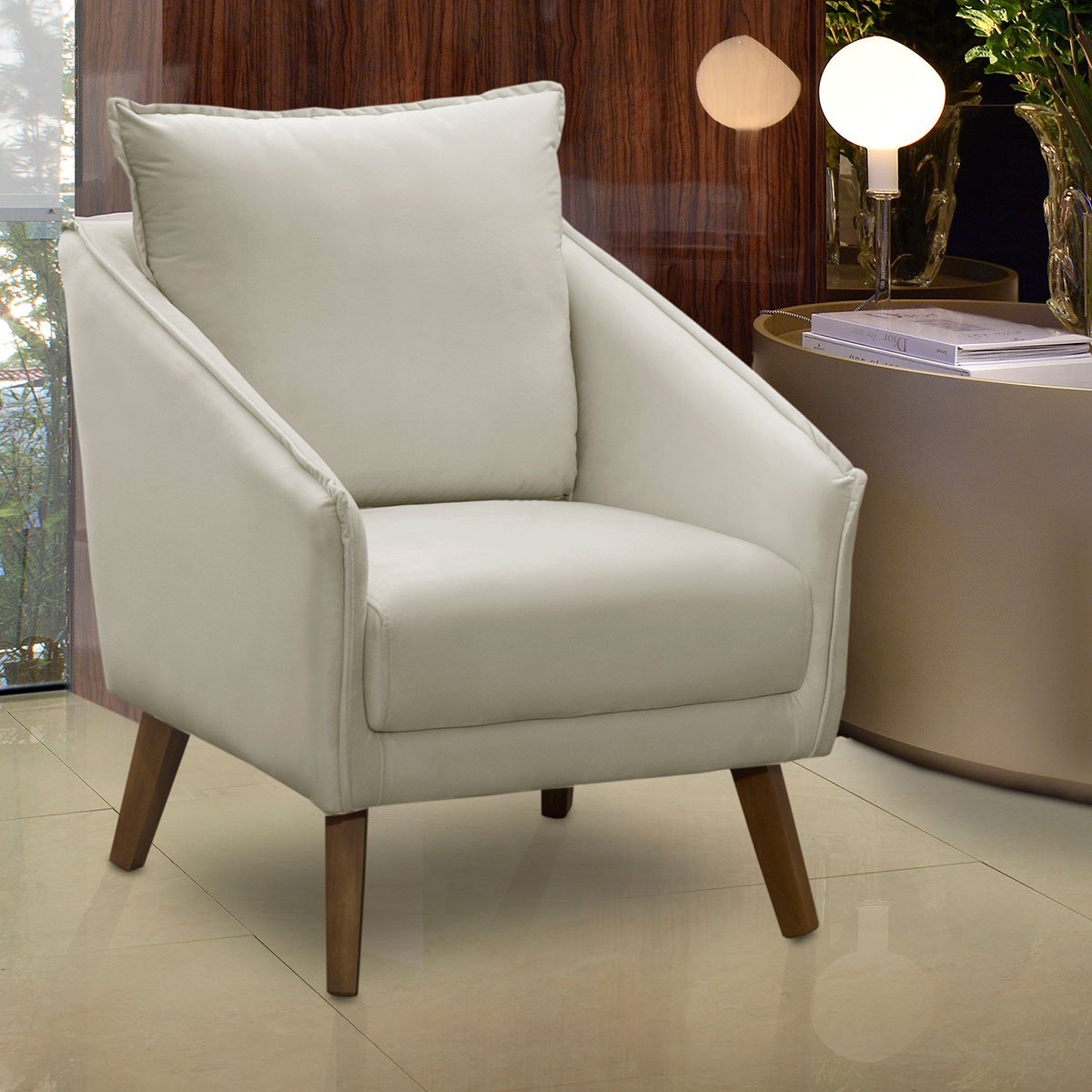 Poltrona para Sala e Escritório Decorativa Ellen Veludo Bege