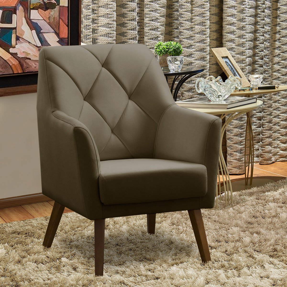 Poltrona para Sala e Escritório Decorativa Héstia Veludo Castor