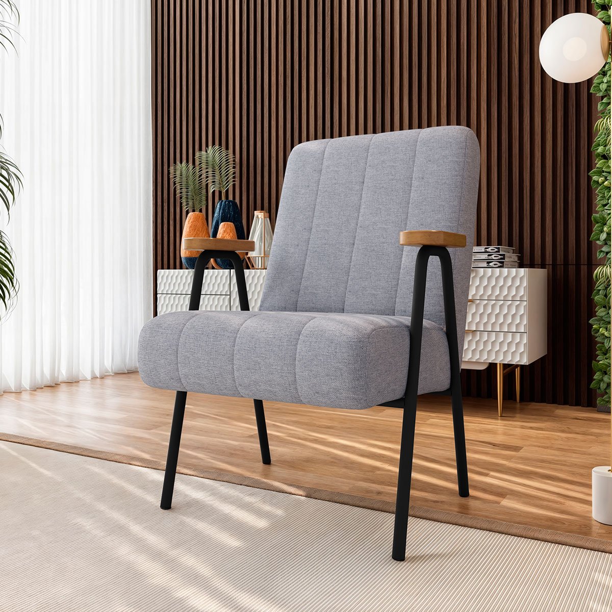 Poltrona para Sala e Escritório Decorativa Phoenix Linho Cinza