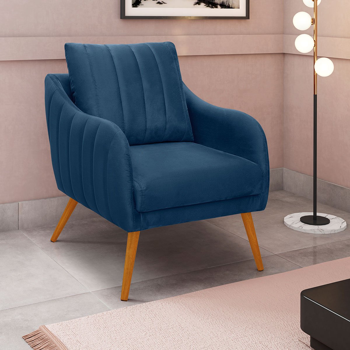 Poltrona para Sala e Escritório Decorativa Síria Veludo Azul Marinho