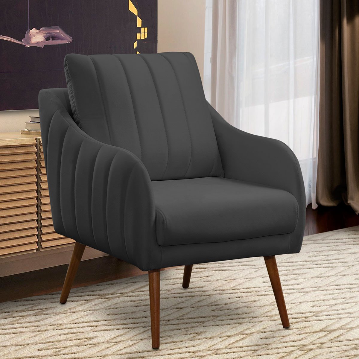 Poltrona para Sala e Escritório Decorativa Síria Veludo Cinza
