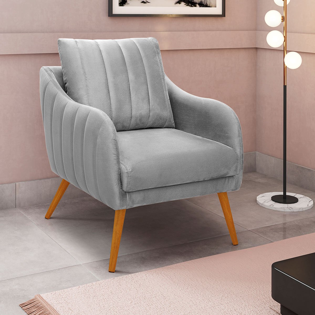 Poltrona para Sala e Escritório Decorativa Síria Veludo Prata