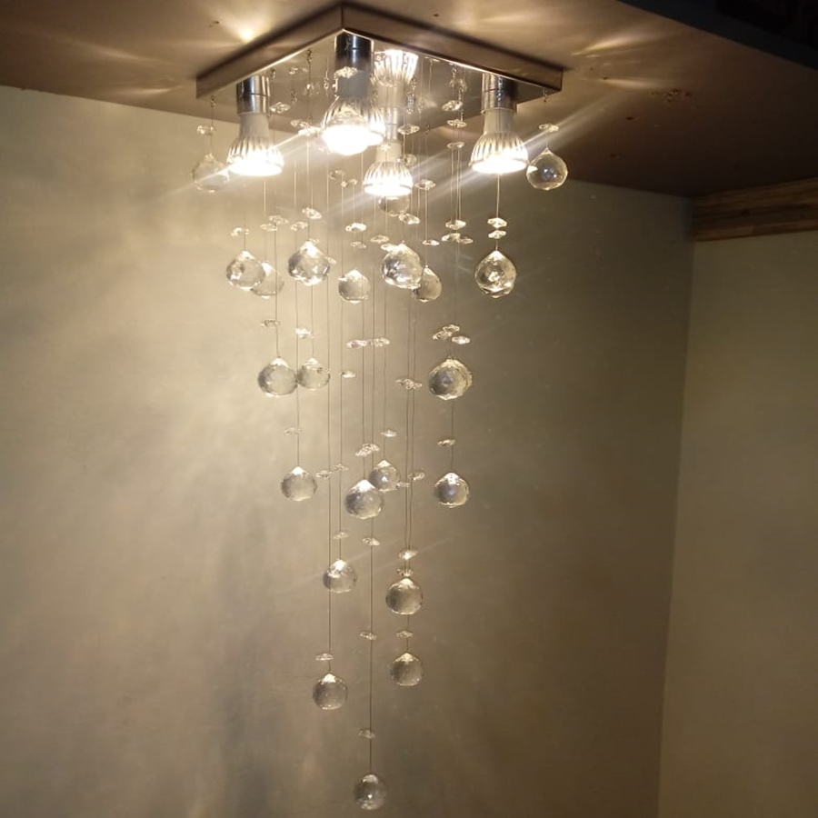 Lustre Chuva de Cristais Inox Espelhado para Recepção e Sala de Estar 60cm