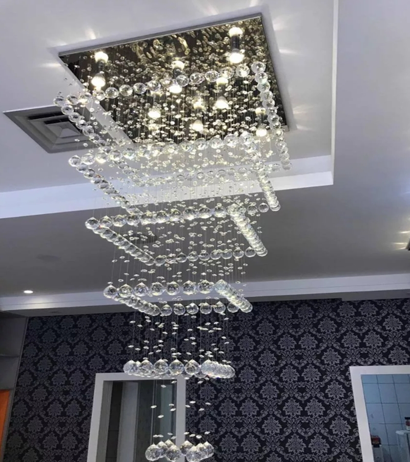 Lustre de Cristais Inox Espelhado para Salão de Festas e Vão de Escadas 360 cm