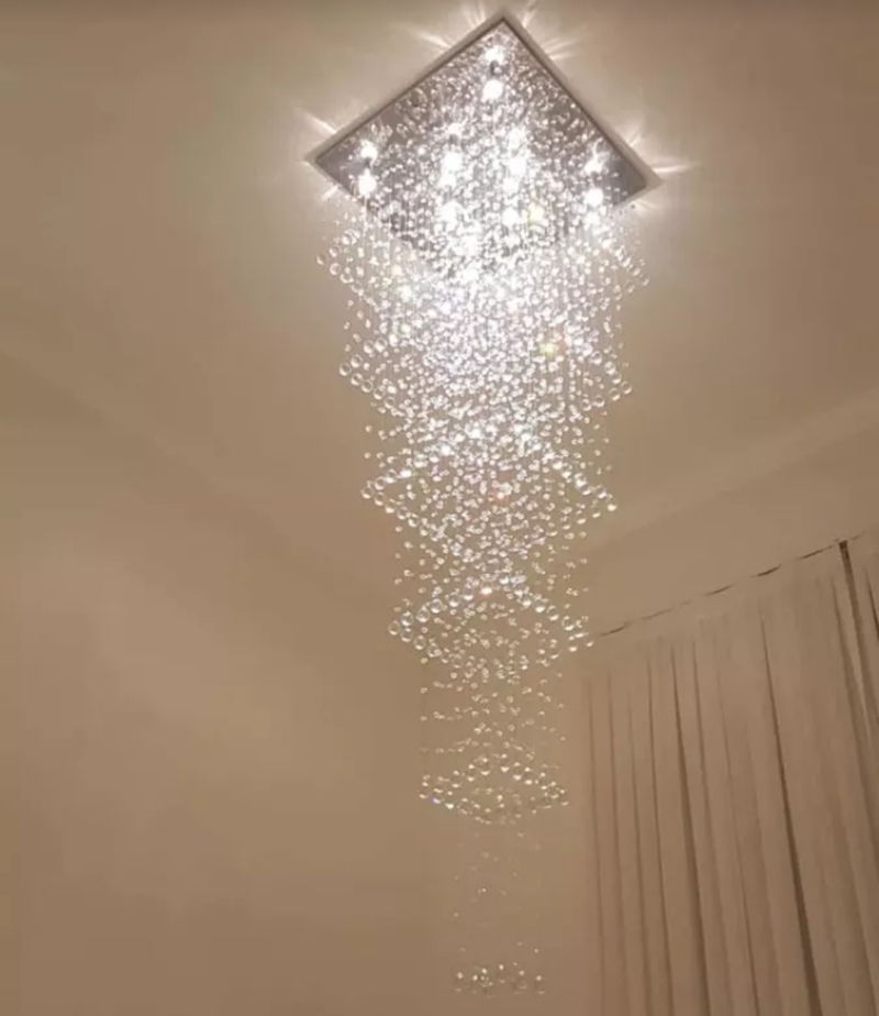 Lustre de Cristais Inox Espelhado para Salão de Festas e Vão de Escadas 360 cm