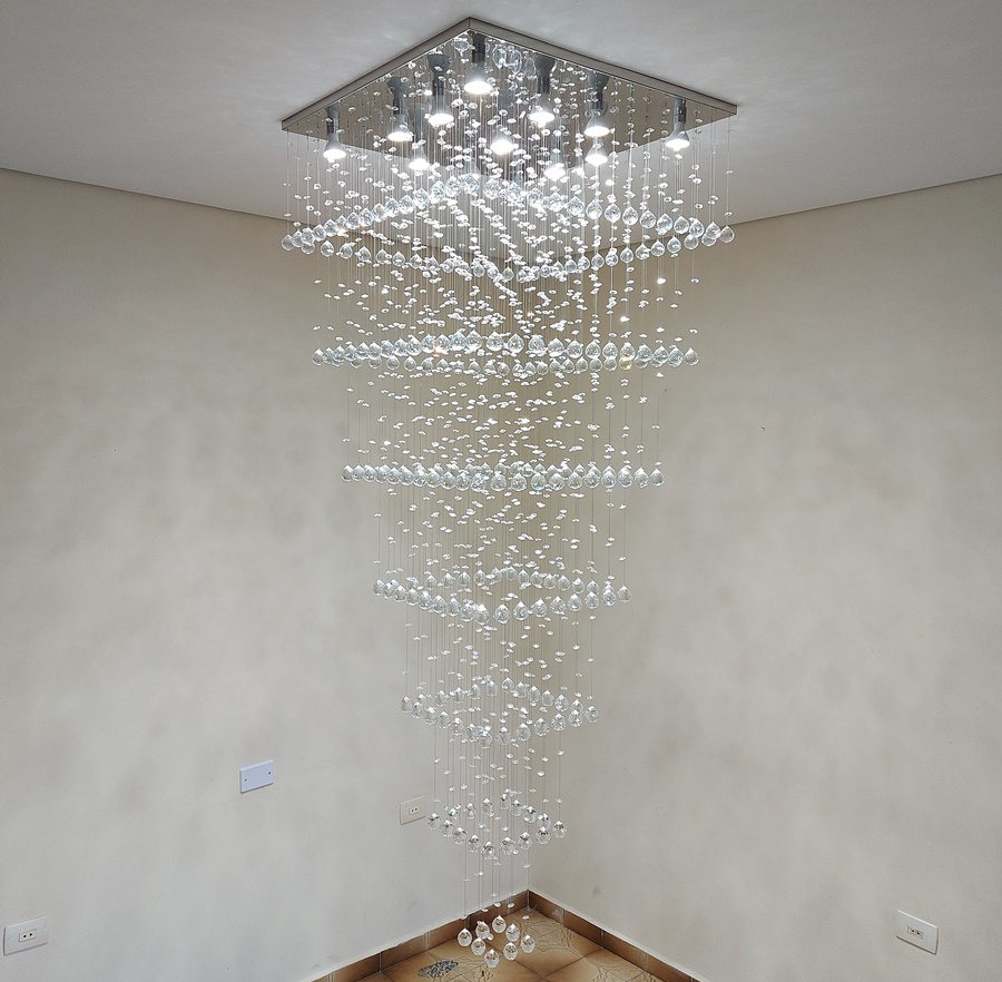 Lustre de Cristais Inox Espelhado para Vão de Escadas 310 cm