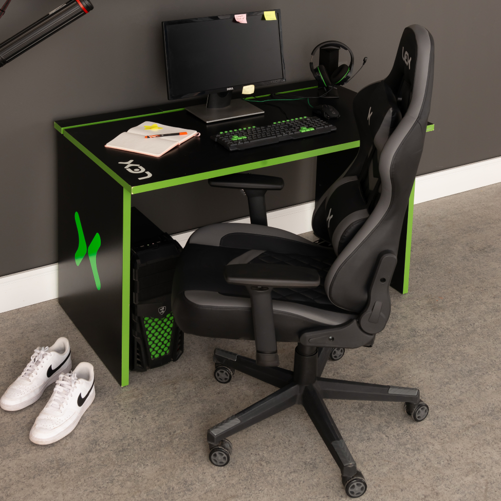 Mesa Gamer LEX Preta e Verde com detalhes que brilham no escuro