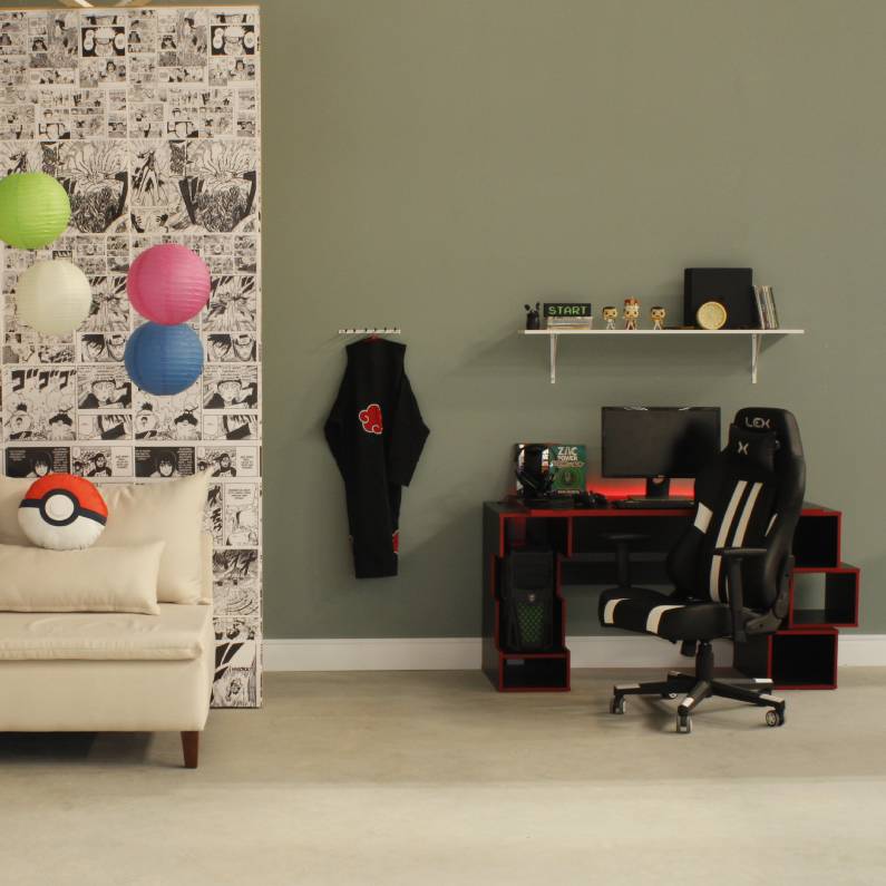 Mesa Gamer com LED Blocks Preta e Vermelha