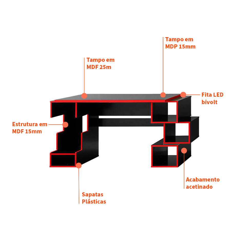 Mesa Gamer com LED Blocks Preta e Vermelha