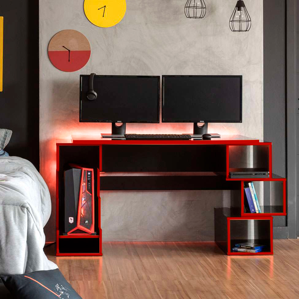 Mesa Gamer com LED Blocks Preta e Vermelha