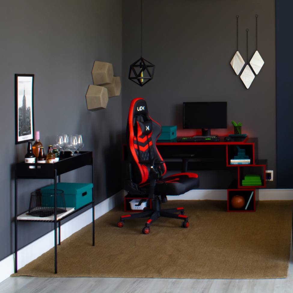 Mesa Gamer com LED Blocks Preta e Vermelha