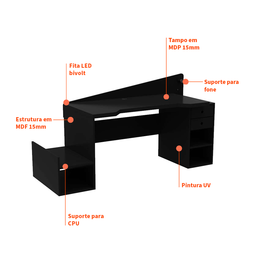 Mesa Gamer com LED Gothan 2 GV Preta