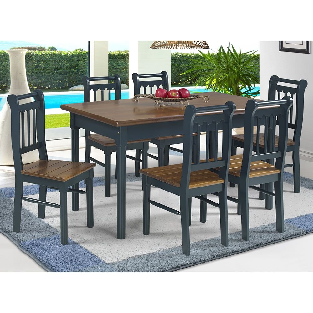 Conjunto Sala de Jantar e Cozinha Com 6 Cadeiras Madeira Maciça AZUL PETRÓLEO
