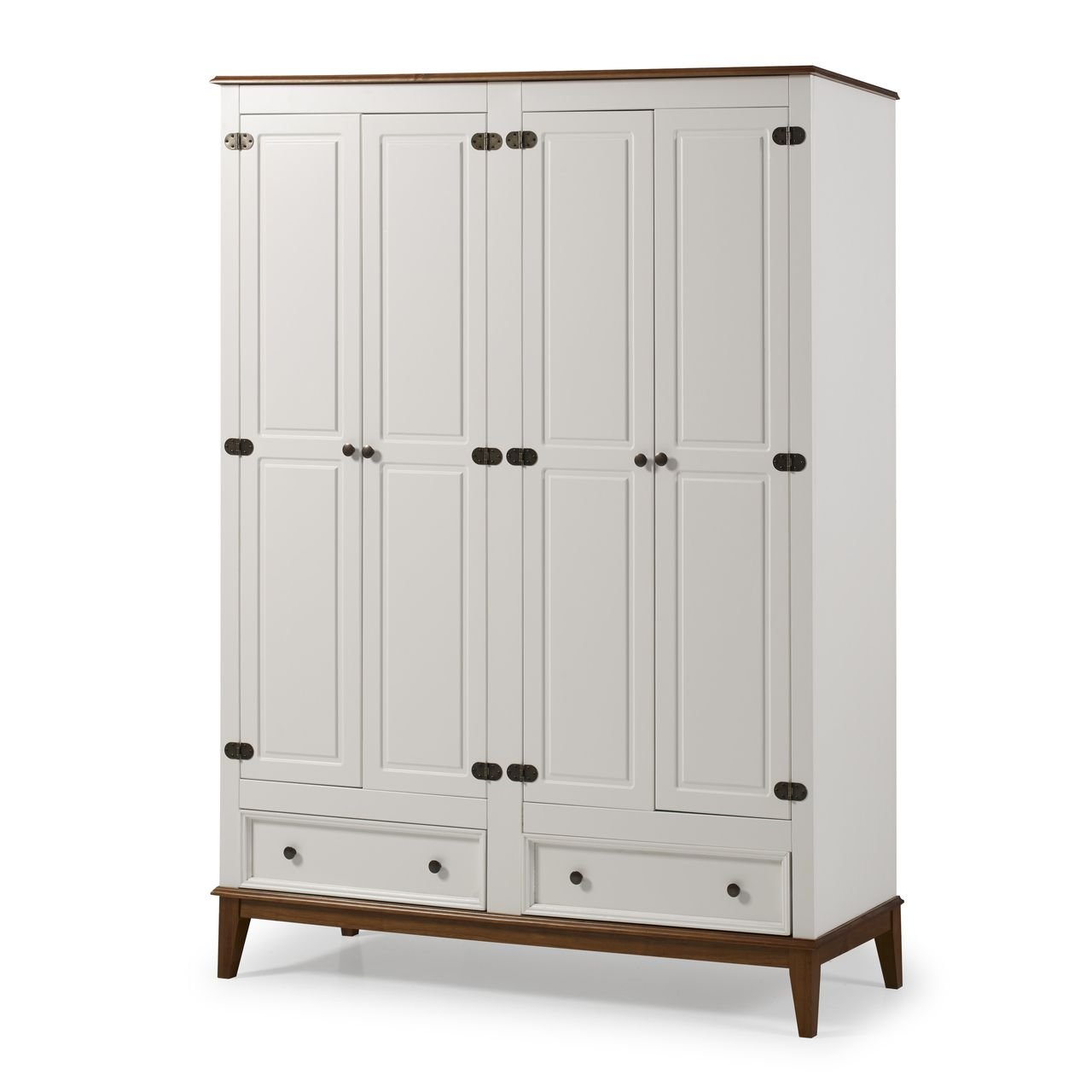 Guarda-Roupa Rústico 4 Portas e 2 Gavetas - Madeira Maciça e MDF - Branco